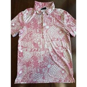 YATTA Golf Mens "Shake Life" Sz Sm Pink Hawaiian Tropical Print Golf Polo Shirt